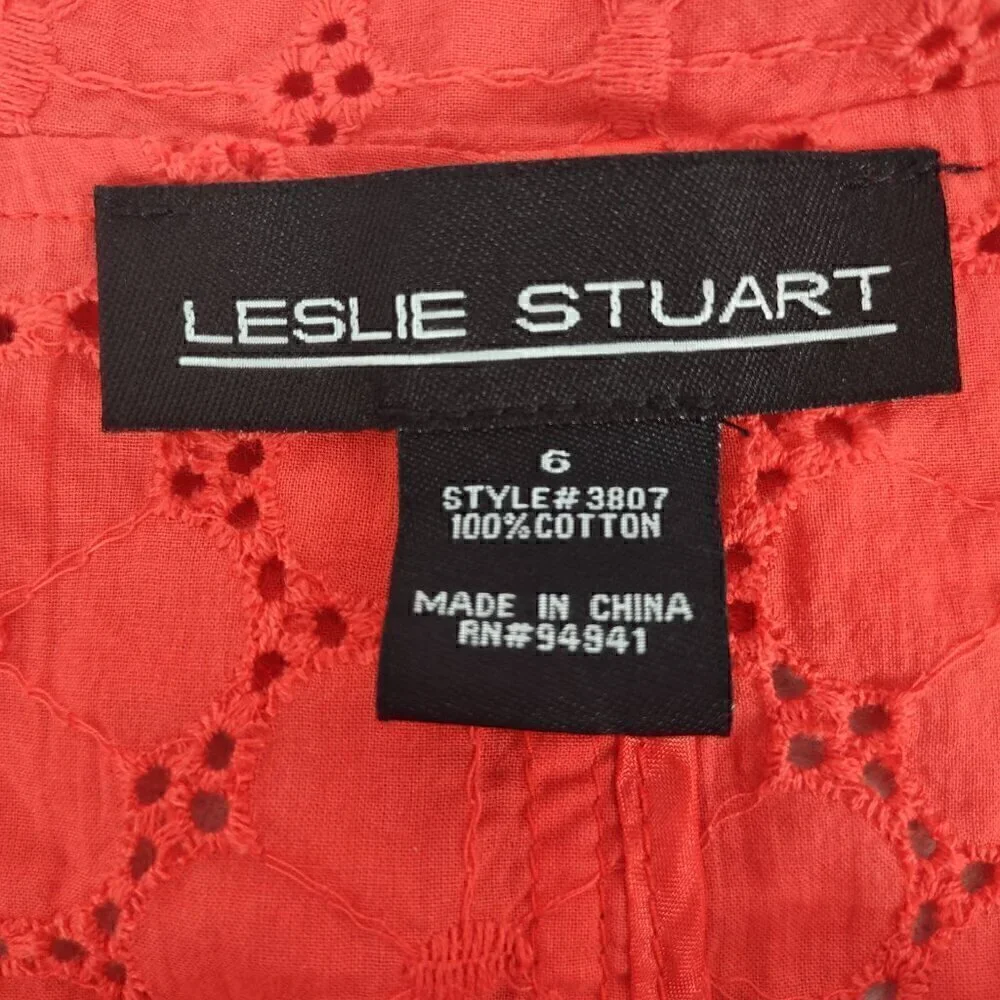 Leslie Stuart Women's 100% Cotton Coral Eyelet Floral Cotton Scallop Jacket Sz 6 - Picture 11 of 12